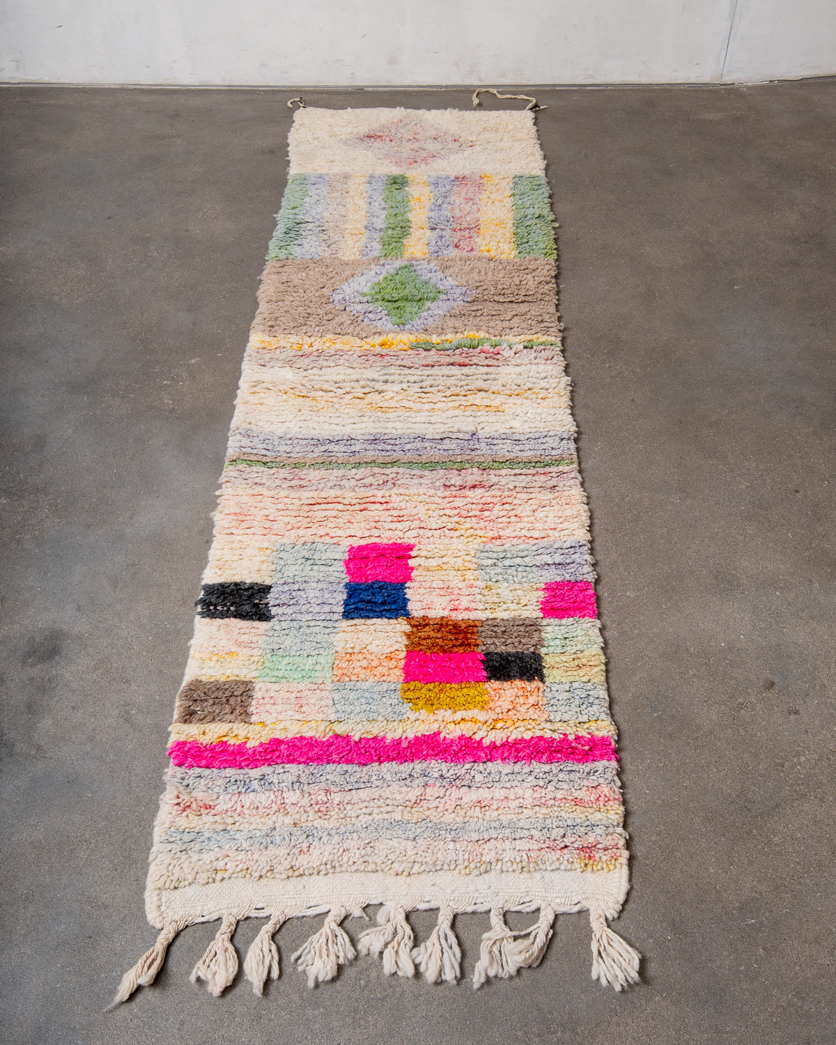 Modern, designer, handcrafted Berber runner rug from Morocco. Vintage carpet with beautiful colours and patterns and fluffy texture.